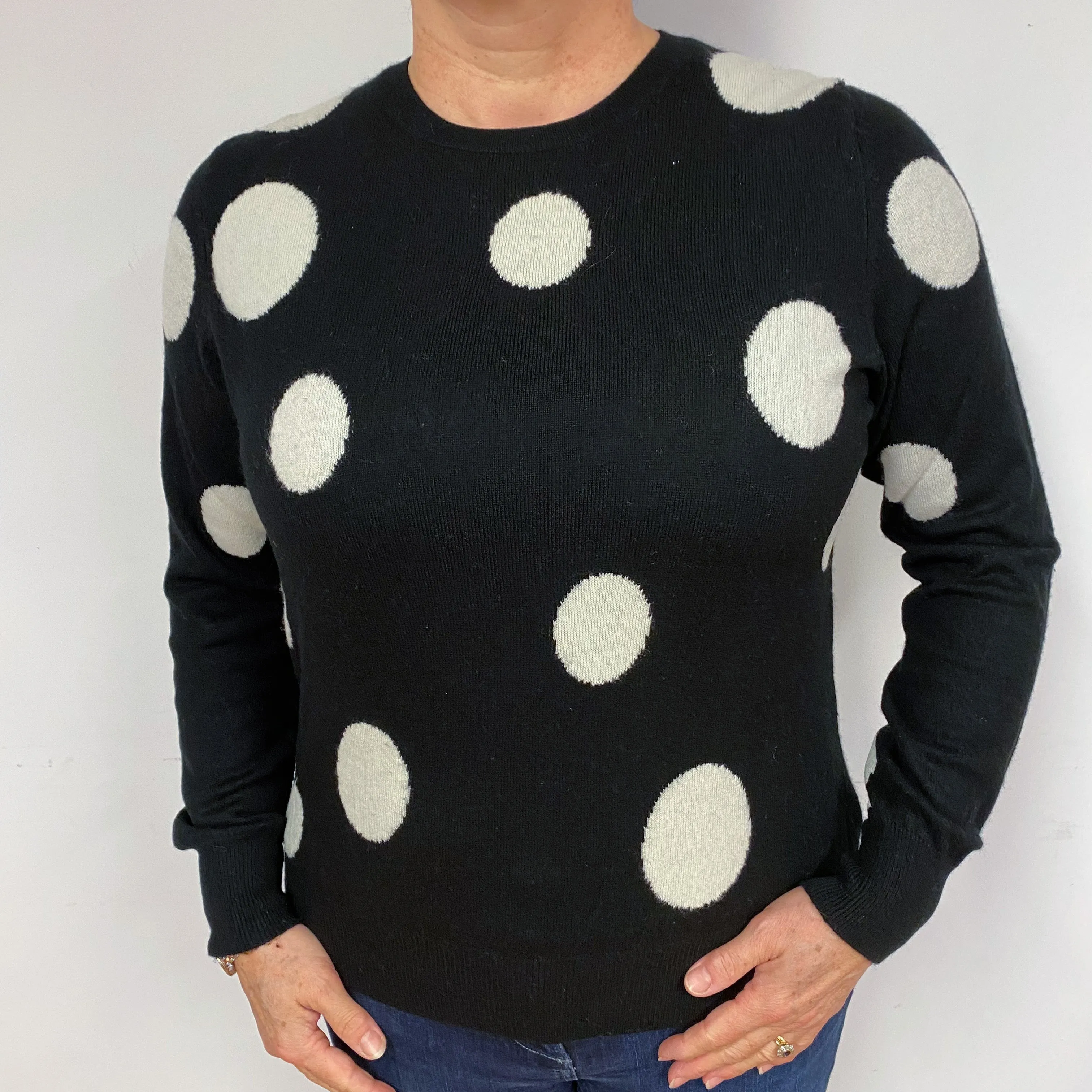 Black Cream Spot Cashmere Crew Neck Jumper Large